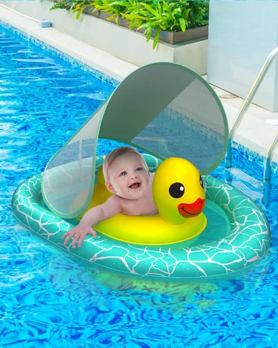 Miniatura 7 de Flotador doble para piscina para bebé con asiento de seguridad ajustable, toldo UPF 50+ extraíble solar, flotador inflable estilo animal, flotador