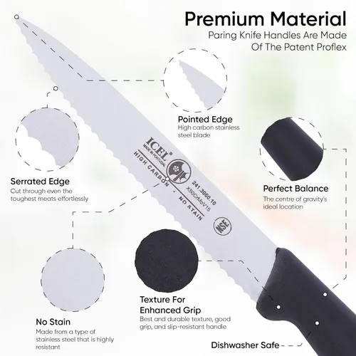 Miniatura 4 de ICEL Cuchillo de pelar de 4 pulgadas, borde dentado, punta de punta, acero inoxidable alemán de alto carbono, hoja afilada, mango azul