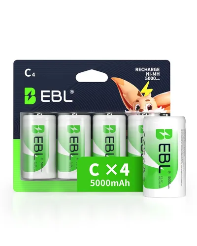 EBL Pilas recargables tipo C, 5000 mAh Ni-MH de alta capacidad, celda C, paquete de venta al por menor nuevo, paquete de 4