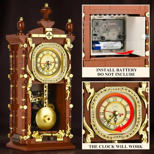 Miniatura 3 de Juego de construcción de reloj retro para adultos, modelo de reloj de péndulo vintage con engranajes giratorios, juguetes de bloques de construcción