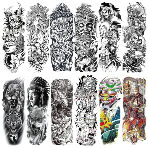 Miniatura 12 de Tatuaje temporal de brazo completo de Halloween para hombres y mujeres, 12 hojas de tatuajes temporales de manga de esqueleto de calavera, tatuajes