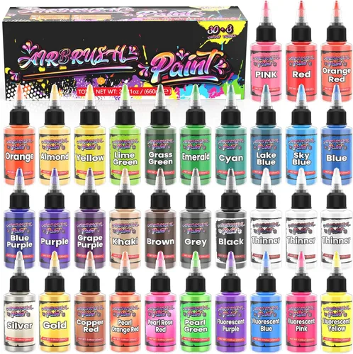 Pintura de aerógrafo, 33 colores con más delgado, juego de pintura lista para aerógrafo, tonos fluorescentes, metálicos y nacarados, juego de