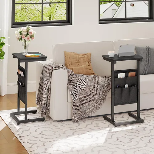 Miniatura 7 de HOOBRO Mesa auxiliar en forma de C, mesa auxiliar de 28.3 pulgadas para espacios pequeños, mesa de sofá con bolsa de almacenamiento, mesa auxiliar