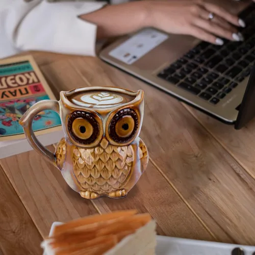Miniatura 5 de Berry President Taza de café con búho, taza de café de cerámica matutina, taza de té para la oficina y el hogar, regalos de búho para mujeres Beige