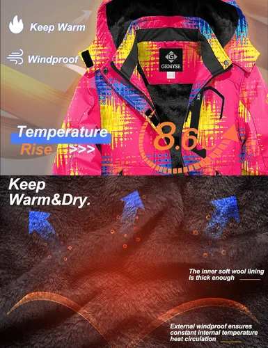 Miniatura 5 de GEMYSE Chaqueta de esquí impermeable para niña, chaqueta de invierno a prueba de viento con capucha