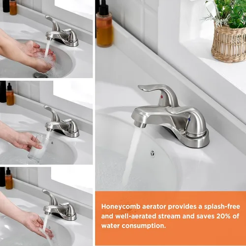 Miniatura 6 de Grifos de Lavabo de Baño de 2/3 Agujeros, Níquel Cepillado con Manijas Dobles de 4 Pulgadas con Revestimiento de Plástico sobre Grifo de Baño