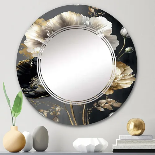 Miniatura 2 de DesignQ Espejo de pared floral y botánico, espejo tradicional ovalado, espejo de baño gris redondo, espejo de tocador floral, ramo de flores en gris