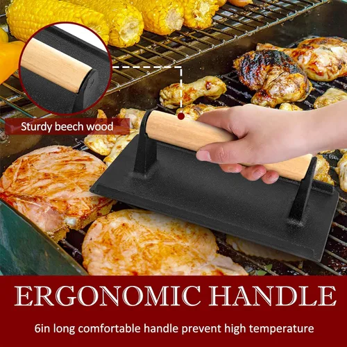 Miniatura 4 de HaSteeL Prensa de tocino de hierro fundido, prensa de hamburguesa para plancha Teppanyaki de parte superior plana, prensa redonda resistente de 7