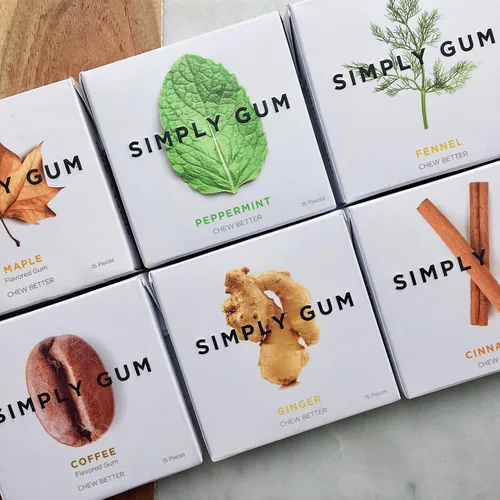 Miniatura 4 de Goma de Mascar Natural Surtida de Simply Gum, sin OGM, Vegana, 6 paquetes (90 piezas), incluye Menta, Canela, Jengibre, Hinojo, Café, Arce