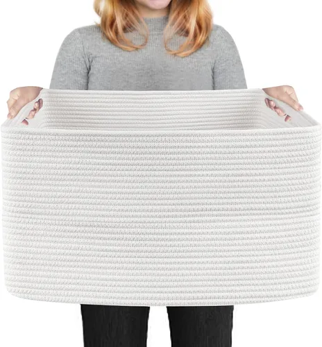 Miniatura 7 de Cesta negra extragrande, contenedor rectangular tejido de 22 x 17 x 12 pulgadas para almacenamiento, cuerda de algodón suave para habitación