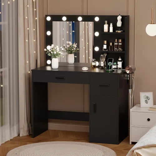Miniatura 4 de YESHOMY Escritorio de tocador con espejo, 10 luces, toma de corriente y 3 estantes de almacenamiento, mesa de maquillaje con 2 cajones y 1 gabinete