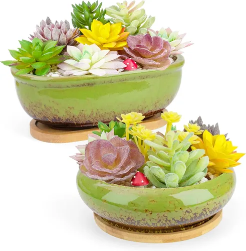 Miniatura 11 de Macetas para suculentas, 1 maceta rectangular + 1 maceta de cerámica para bonsái con bandeja de drenaje, paquete de 2 macetas grandes y poco