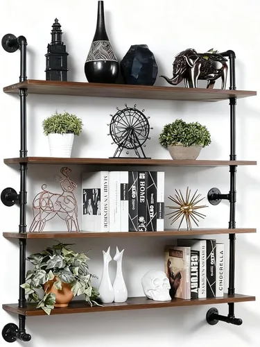 Miniatura 17 de Estantes de pared de tubería industrial con tablón de madera real, estantes flotantes de 48 pulgadas para pared, estantería de libros estilo granja