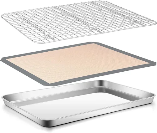Miniatura 12 de E-far - Juego de bandejas para hornear para horno tostador, bandeja pequeña de acero inoxidable de 10.5 x 8.3 pulgadas con rejilla de alambre