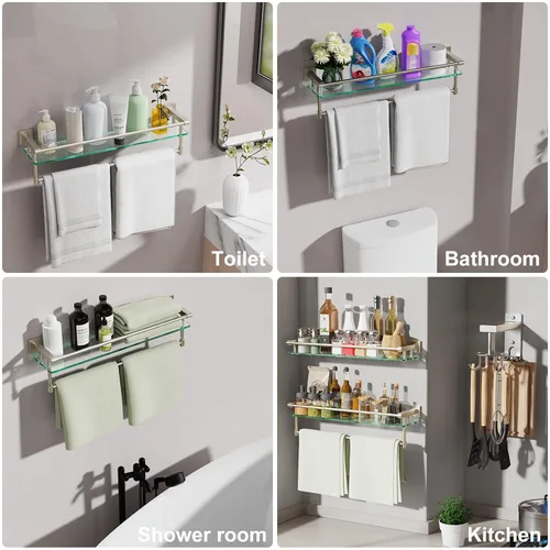 Miniatura 5 de Estante de baño de vidrio con barra para toallas, barra para toallas de acero inoxidable templado/estantes de baño de vidrio templado con riel