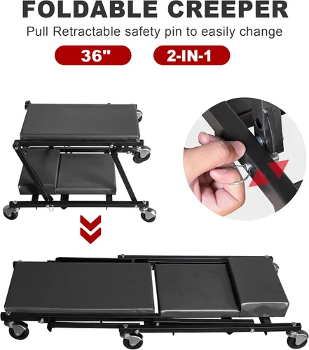 Miniatura 4 de Torin 36" Plataforma rodante plegable para auto, plataforma de taller para auto 2 en 1, plataforma para taller de auto, capacidad de 300 libras