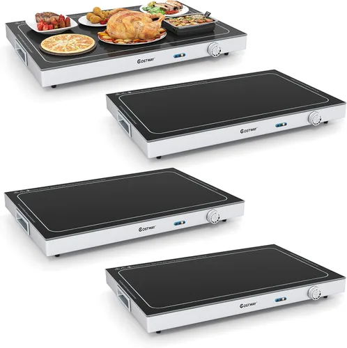 Miniatura 10 de COSTWAY Bandeja de calentamiento eléctrica con temperatura ajustable y asas integradas, calentador de alimentos con parte superior de vidrio