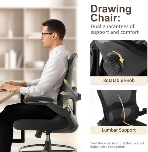 Miniatura 4 de Karlhome - Silla ergonómica de dibujo con soporte lumbar y reposabrazos abatibles, silla de oficina giratoria alta con anillo reposapiés de altura