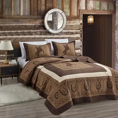 Miniatura 3 de Sapphire Home Juego de colcha de lujo de 3 piezas, colección Western Design, Wild Horse Country, herradura, estrella, vaquero, azul suroeste, diseño