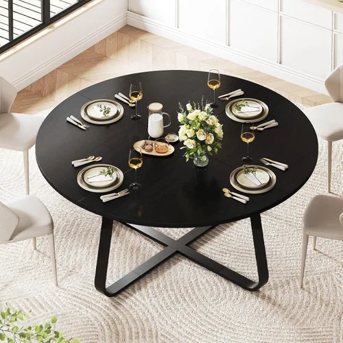 Miniatura 8 de LVB Mesa de comedor redonda negra de 42 pulgadas para 4 a 6, mesas de comedor circulares, mesas de cocina modernas de metal de madera, mesa