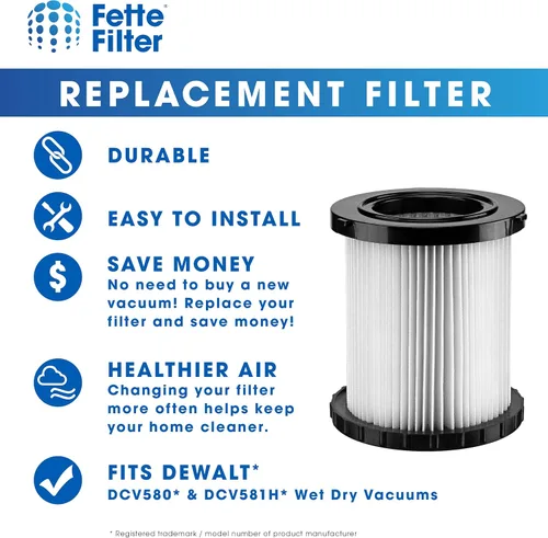 Miniatura 3 de Fette Filter - Filtros de repuesto para aspiradora en seco y húmedo compatibles con aspiradoras DeWalt DCV580 y DCV581H (4 unidades)