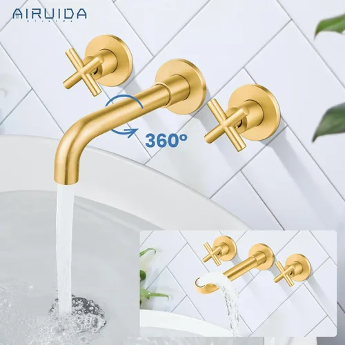 Miniatura 2 de Airuida Grifo de baño de latón macizo con boquilla giratoria 360 para lavabo montado en la pared, grifo mezclador de lavabo con válvula áspera y Oro