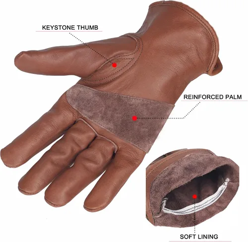 Miniatura 2 de Guantes de trabajo de cuero de vaca marrón retro para construcción, jardinería y trabajo en el jardín con palma reforzada para hombres y mujeres