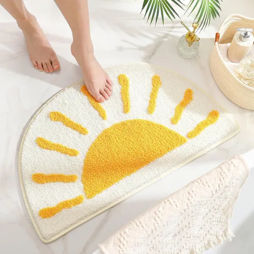Miniatura 3 de Alfombras de baño medio círculo, lindas alfombras de baño bohemias de color blanco y amarillo, antideslizantes, suaves y absorbentes, de microfibra