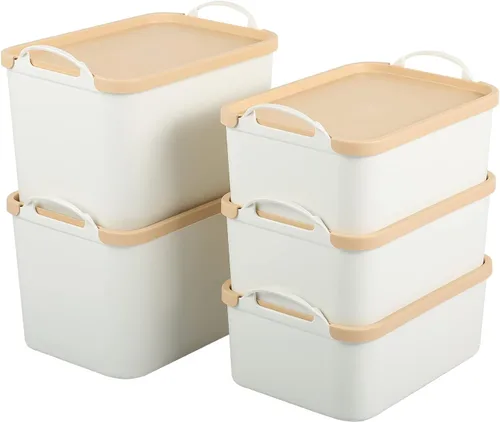 ANMINY 5 contenedores de plástico con tapas, cajas grandes de organización de almacenamiento, cestas de almacenamiento de plástico con tapa para