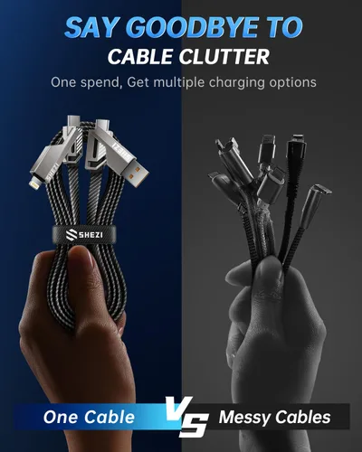 Miniatura 5 de Cable USB C ultra corto 4 en 1 de 0.6 pies compatible con cable Lightning [carga rápida y transferencia de datos] cable de carga plano trenzado
