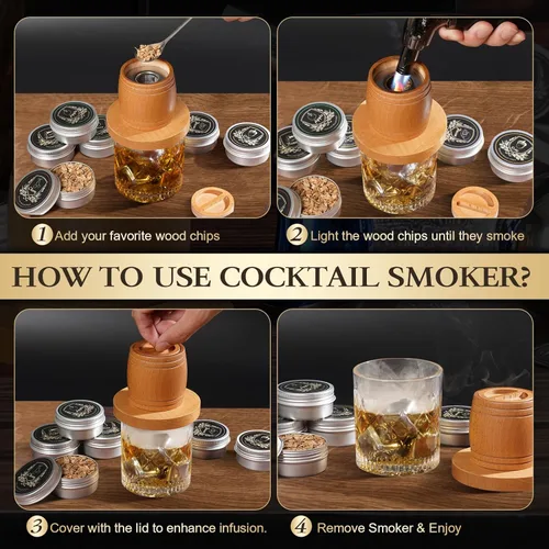 Miniatura 8 de G GOOD GAIN Kit de Ahumador de Whisky con Antorcha - Kit de Ahumador de Cóctel Old Fashioned con Virutas de Madera de 6 Sabores Set Infusor