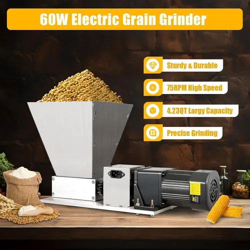 Miniatura 2 de Molino de malta de 60W 110V Molino eléctrico de grano molino, DY368 inoxidable 2 rodillos molino de grano con tolva de 11LB molino de cerveza casera