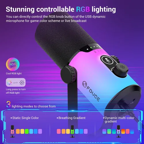 Miniatura 4 de FDUCE Juego de micrófono dinámico para juegos, micrófono de computadora USB/XLR para podcast con soporte de brazo extensible, luz RGB, botón