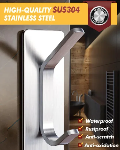 Miniatura 3 de Auxmir Ganchos autoadhesivos resistentes de 15 libras, paquete de 5 ganchos de pared de acero inoxidable para abrigos, toallas, batas, impermeables