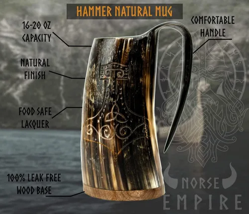 Miniatura 2 de Taza de cuerno de buey vikingo, 16–20 oz (Worthy Mjolnir) Taza de cuerno de buey y stein de café Elegante y hecha a mano para hombres y mujeres