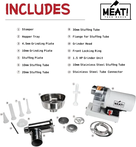 Miniatura 3 de ¡Carne! Molinillo de 1,5 HP con placas de molienda gruesas y finas, acero inoxidable, para moler carne, relleno de salchichas y procesamiento