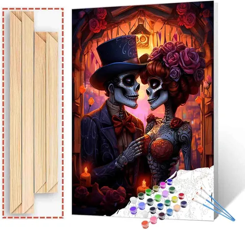 Miniatura 32 de Pintura por números para parejas tomadas de la mano, para adultos, principiantes, Día de los Muertos, Esqueleto, Pintura por números sobre lienzo