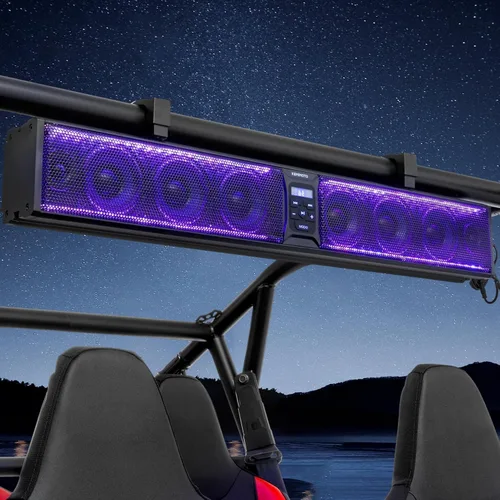 Miniatura 8 de KEMIMOTO Barra de sonido con 8 altavoces de 32 pulgadas, barra de sonido de metal resistente para ATV UTV, luz RGB impermeable Bluetooth, barra