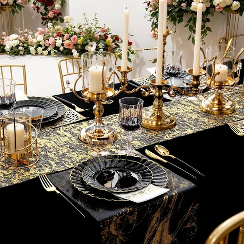 Miniatura 7 de Ciaell 175 platos de plástico festoneado negro con ribete dorado, cubiertos de plástico negro con asa, juegos de vajilla de alta gama para bodas