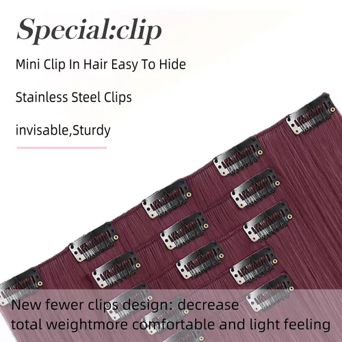 Miniatura 5 de Extensiones de cabello sintético con clip, color burdeos de 18 pulgadas de largo, invisibles, gruesas, extensiones de cabello lacio con clips, 5