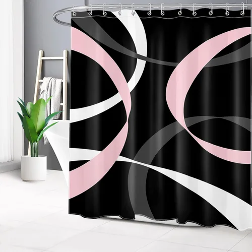 Miniatura 2 de LB Cortina de ducha abstracta rosa para baño, cortina de ducha de tela a rayas grises y blancas sobre fondo negro con ganchos, juego de cortinas