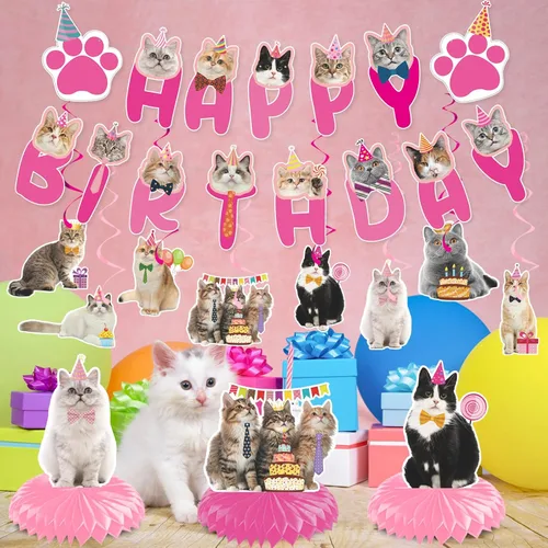 Miniatura 4 de Remolinos colgantes para fiesta de cumpleaños de gatos - NOVBAUB 20 unidades, encantadores suministros de fiesta de cumpleaños de gato rosa, centros