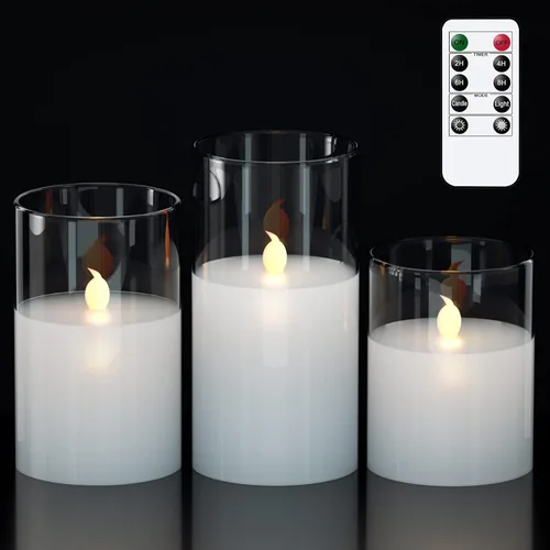 GenSwin - Velas LED sin llama de cristal transparente que funcionan con batería, con control remoto de 10 teclas y temporizador, velas de cera real