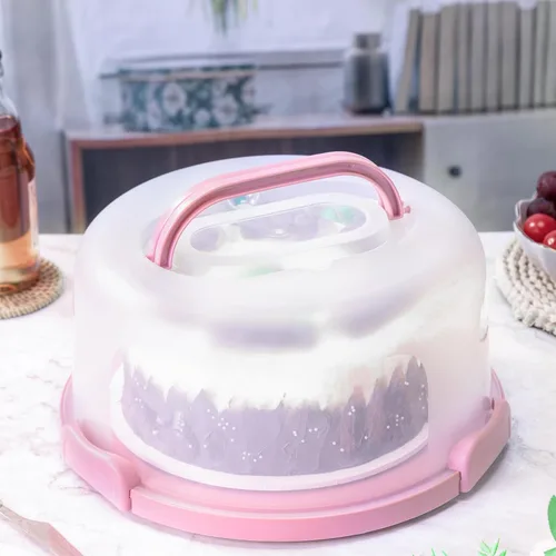 Miniatura 10 de Porta pasteles de plástico de 10 pulgadas con asa, soporte redondo para pasteles con tapa, recipiente rosa para pasteles de 6 pulgadas/8 pulgadas/10
