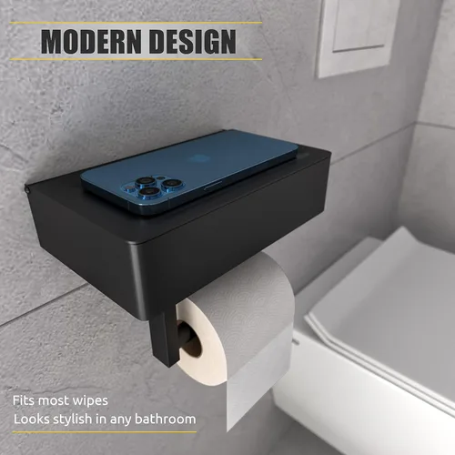 Miniatura 7 de Soporte de papel higiénico autoadhesivo de pared con estante y almacenamiento para toallitas – Soporte de papel higiénico negro mate de acero