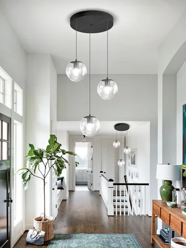 Miniatura 10 de ykolupty Escalera LED de 10 luces LED moderna con globo de cristal, lámpara colgante grande para techos altos, accesorios de iluminación de entrada