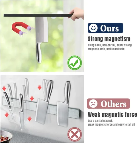 Miniatura 3 de Dmore Soporte magnético para cuchillos para pared, con 2 ganchos, tira magnética negra de 10 pulgadas sin perforación, potente estante magnético