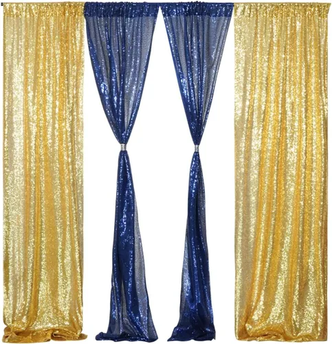 Miniatura 2 de 4 paneles de cortina de lentejuelas doradas y azules de 2 x 8 pies, cortinas de fondo de lentejuelas con purpurina para decoración de fiestas