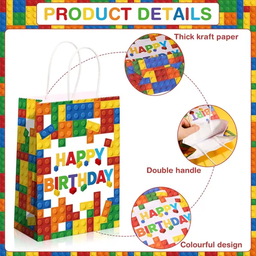 Miniatura 3 de Marspark 16 bolsas de regalo de bloque de construcción para fiestas, ladrillos de color, papel kraft con asa para cumpleaños, baby shower, bloques