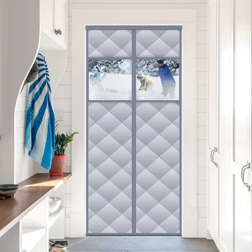 Cortina de puerta magnética con aislamiento térmico con ventanas visibles desmontables, relleno de fibra de poliéster grueso y tela Oxford duradera,